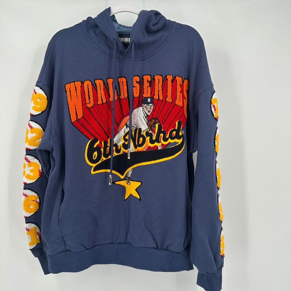 6thNBRHD Mens World Series Baseball Chenille Patch Hoodie Navy Blue Size M